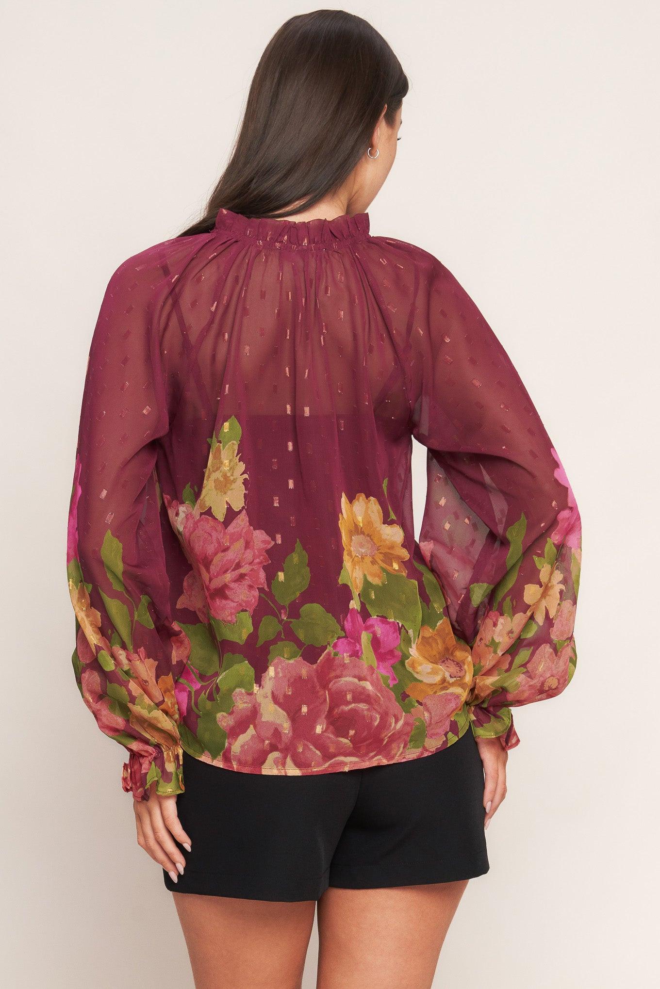 Flora Romantica Woven Top in burgundy, view 7 — Soul Flow Apparel