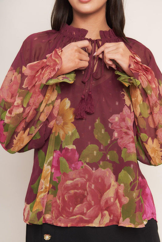 Flora Romantica Woven Top in burgundy, view 8 — Soul Flow Apparel