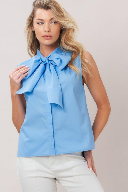 Elegant Sky Woven Top in light blue, view 1 — Soul Flow Apparel