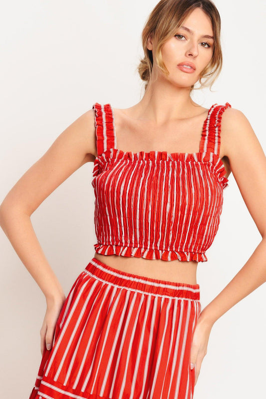 Sunset Stripe Woven Top in red white, view 1 — Soul Flow Apparel