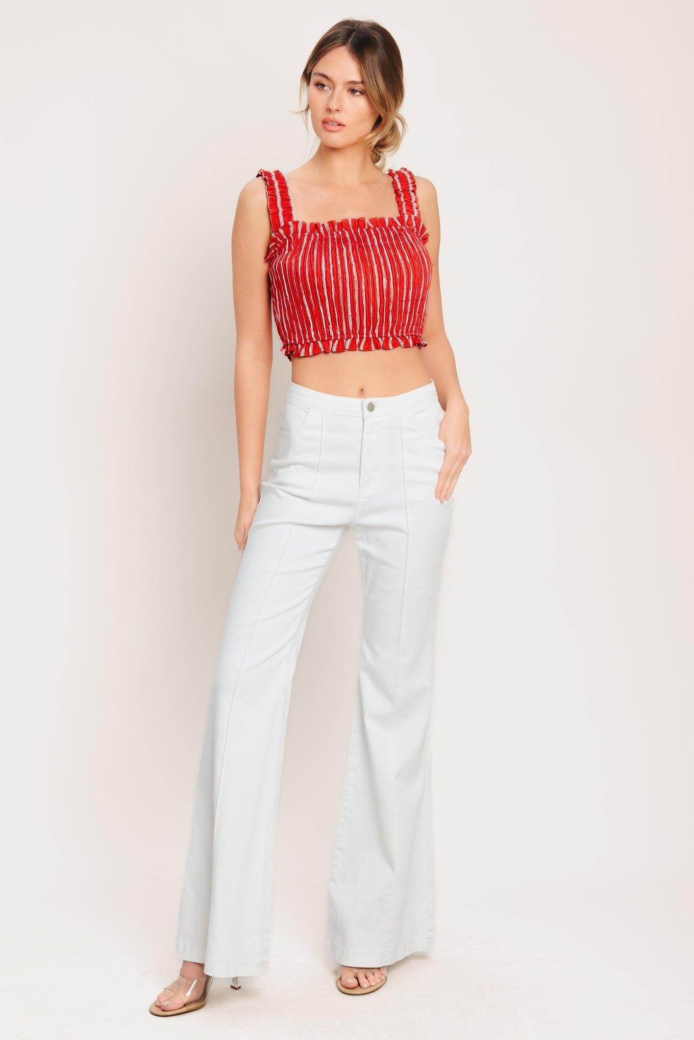 Sunset Stripe Woven Top in red white, view 3 — Soul Flow Apparel
