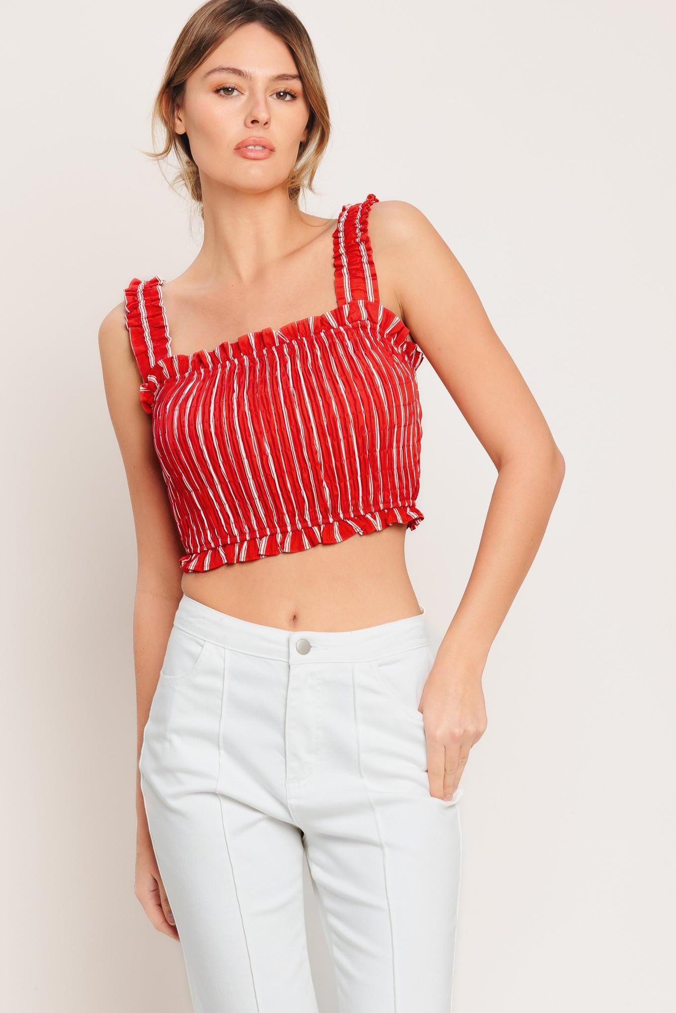 Sunset Stripe Woven Top in red white, view 4 — Soul Flow Apparel