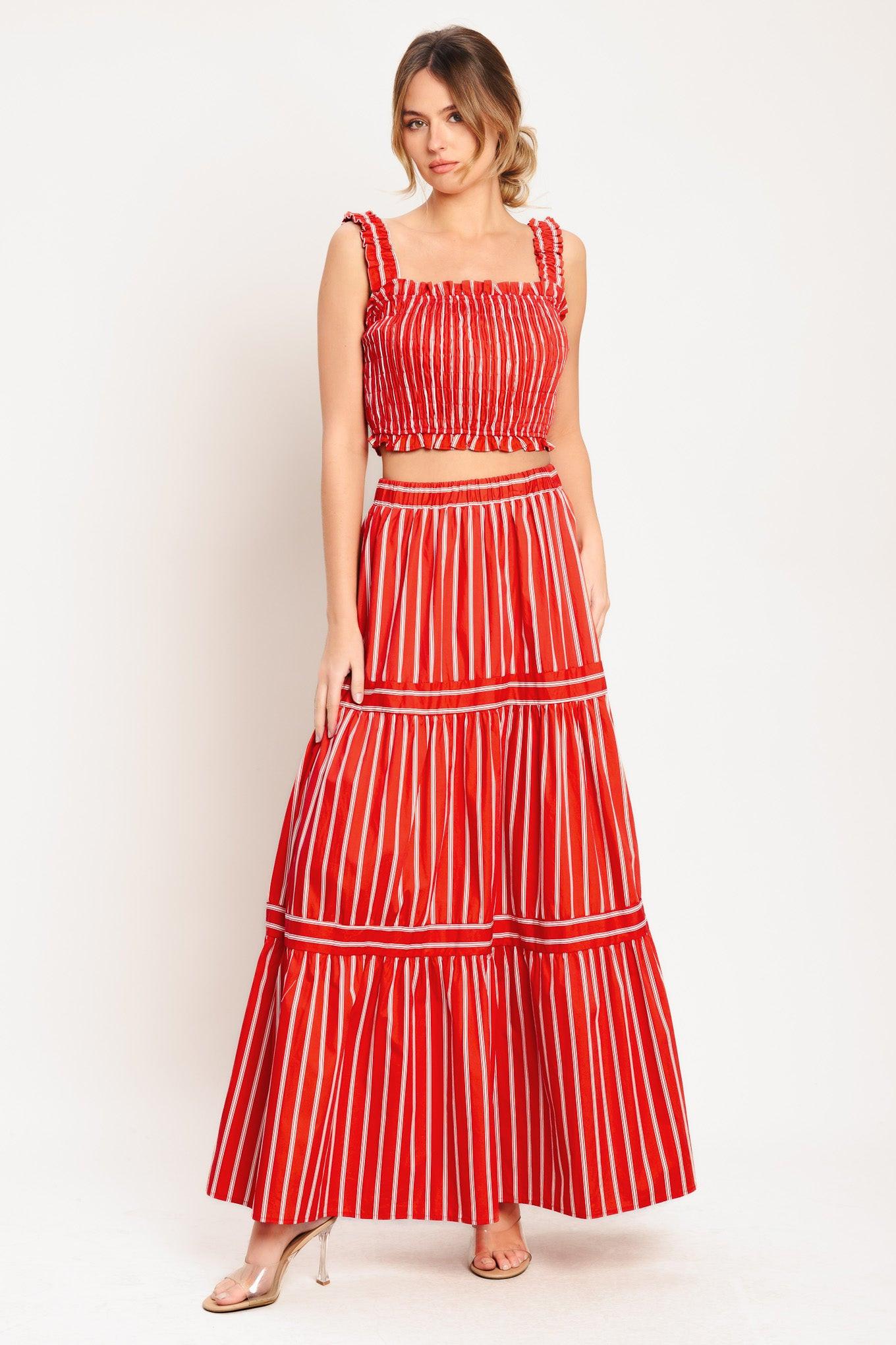 Sunset Stripe Woven Top in red white, view 5 — Soul Flow Apparel