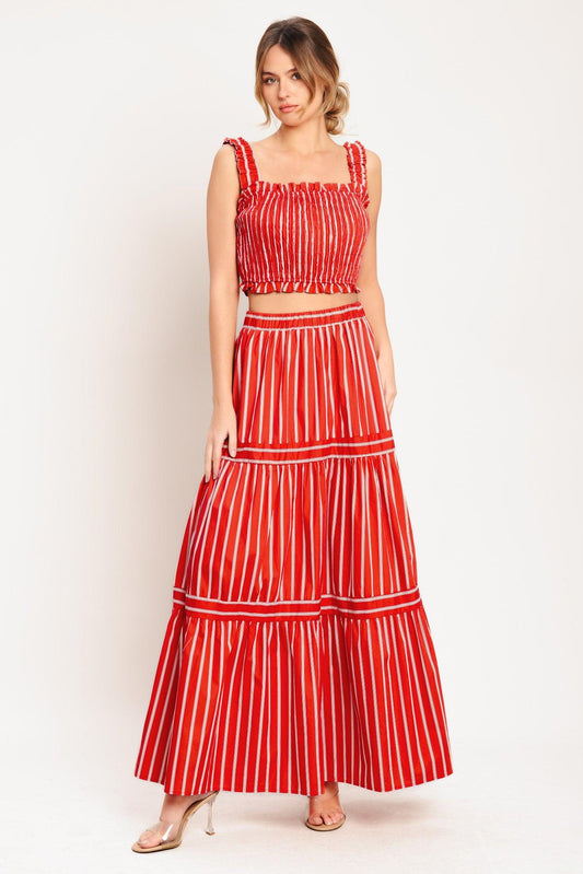 Sunset Stripe Woven Top in red white, view 5 — Soul Flow Apparel