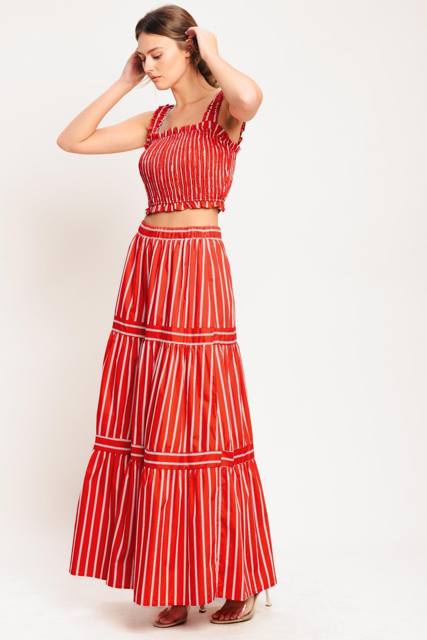 Sunset Stripe Woven Top in red white, view 6 — Soul Flow Apparel