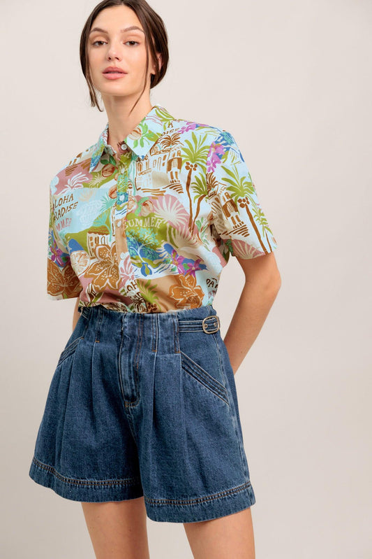 Sunshine Getaway Woven Top in ivory multi, view 7 — Soul Flow Apparel