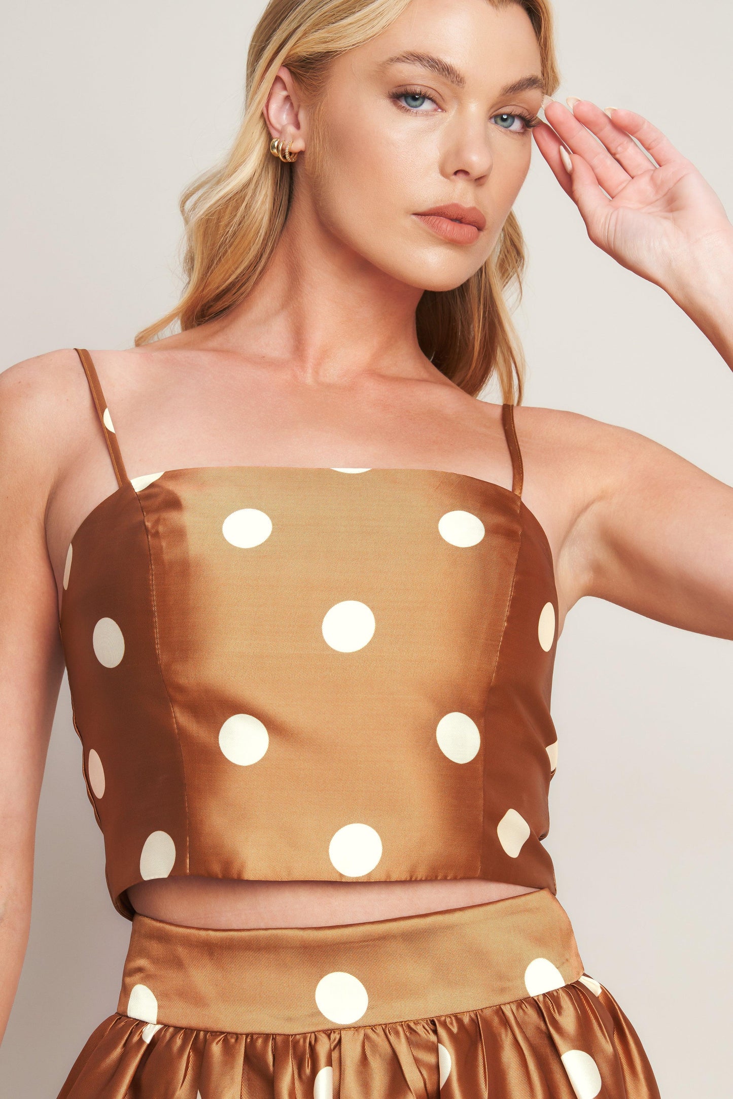 Chic Polka Flow Woven Top in caramel, view 2 — Soul Flow Apparel