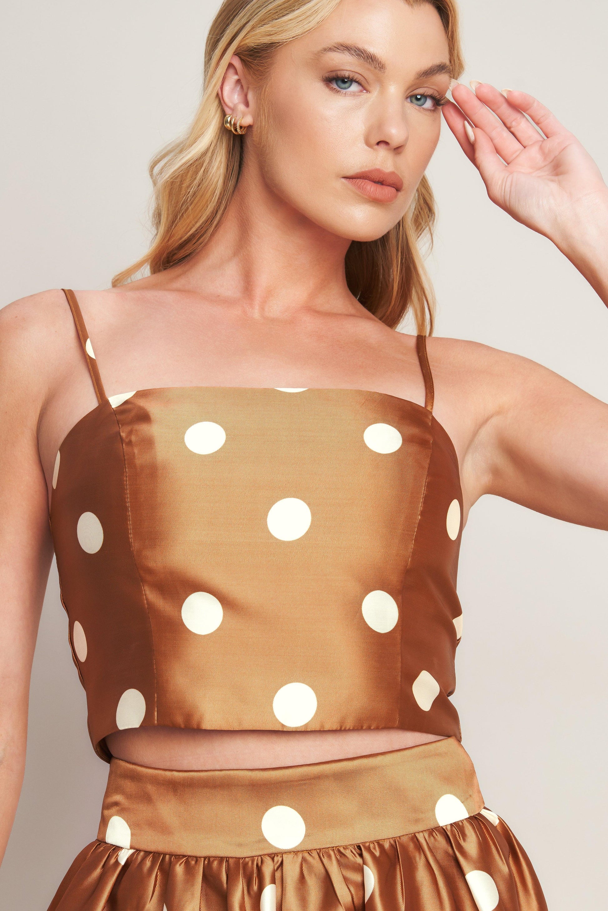 Chic Polka Flow Woven Top in caramel, view 2 — Soul Flow Apparel