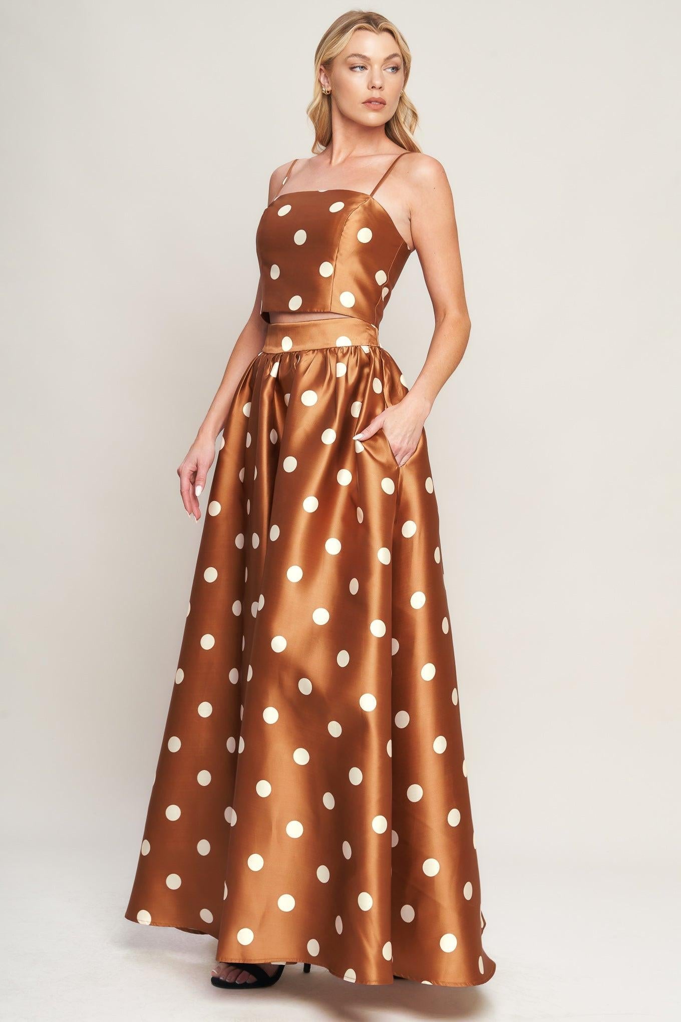 Chic Polka Flow Woven Top in caramel, view 3 — Soul Flow Apparel