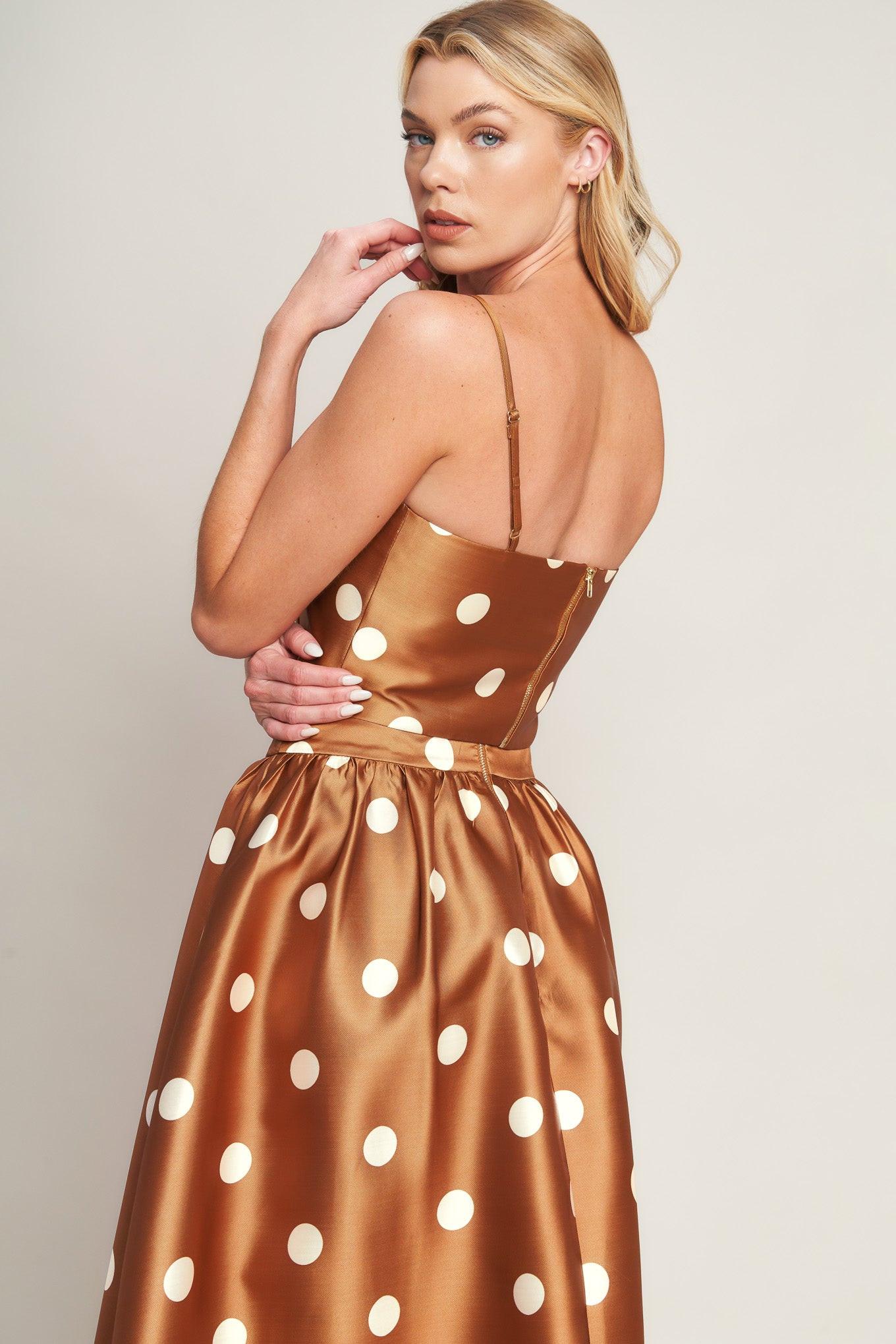 Chic Polka Flow Woven Top in caramel, view 1 — Soul Flow Apparel