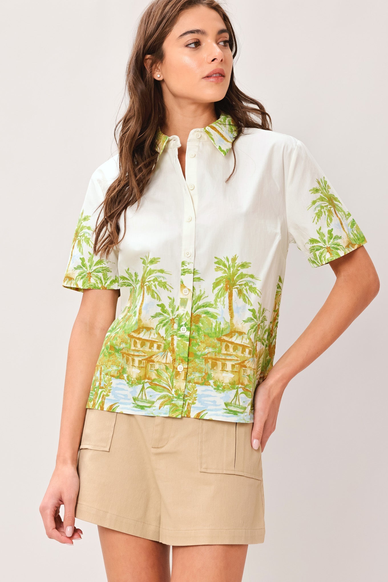 Palm Current Woven Top in off-white green, view 1 — Soul Flow Apparel