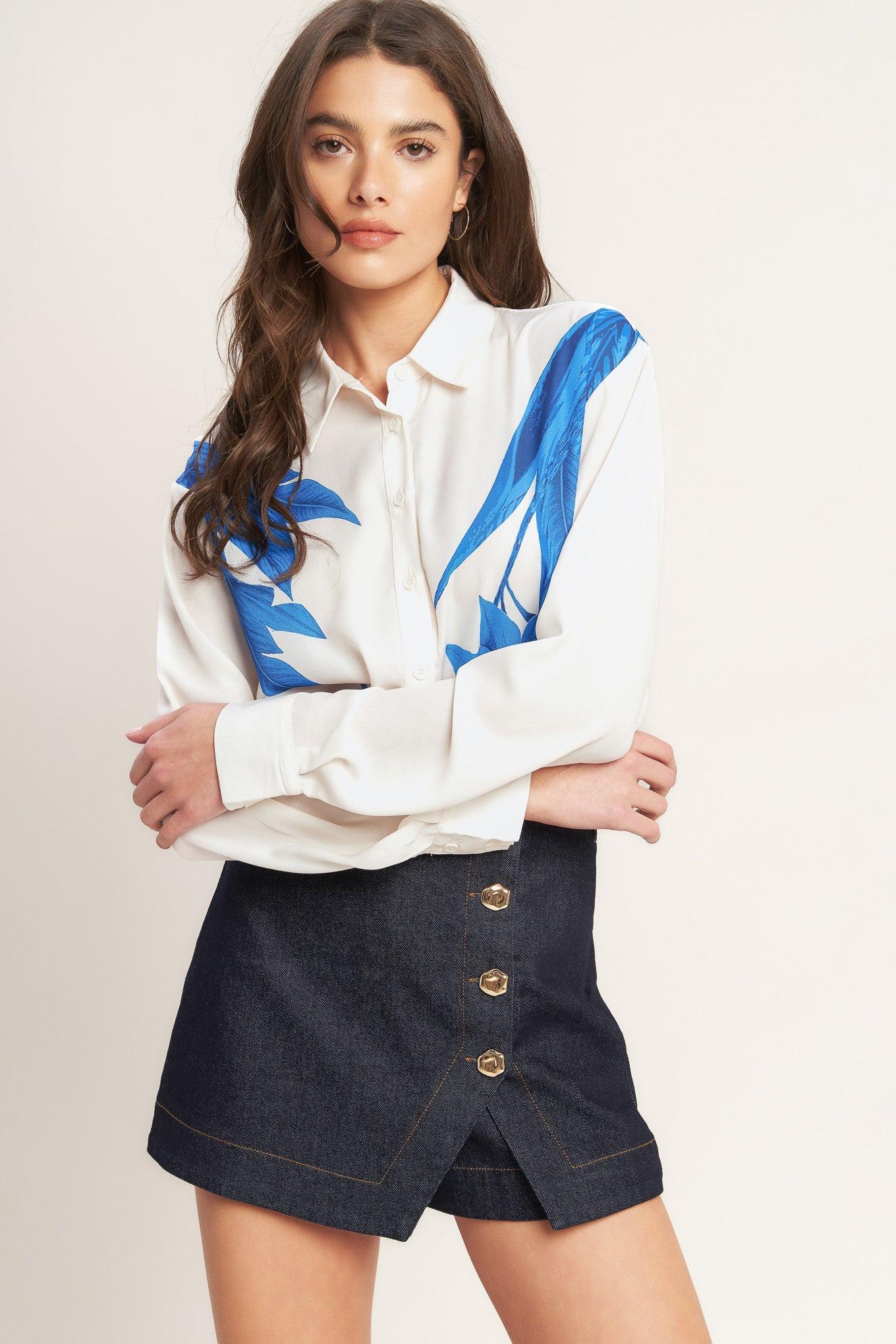 Asymmetrical Botanical Woven Shirt in off-white, view 1 — Soul Flow Apparel
