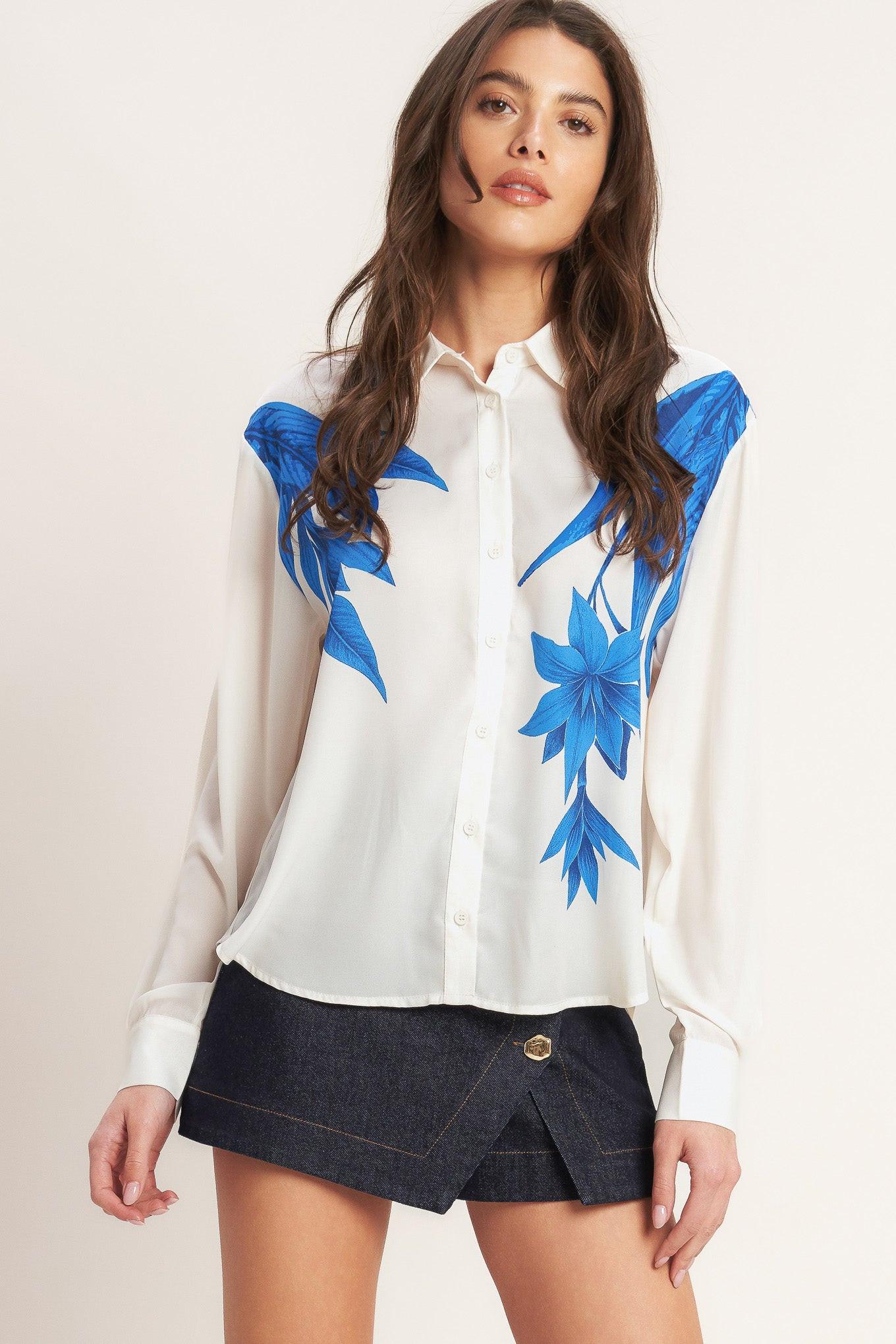 Asymmetrical Botanical Woven Shirt in off-white, view 3 — Soul Flow Apparel