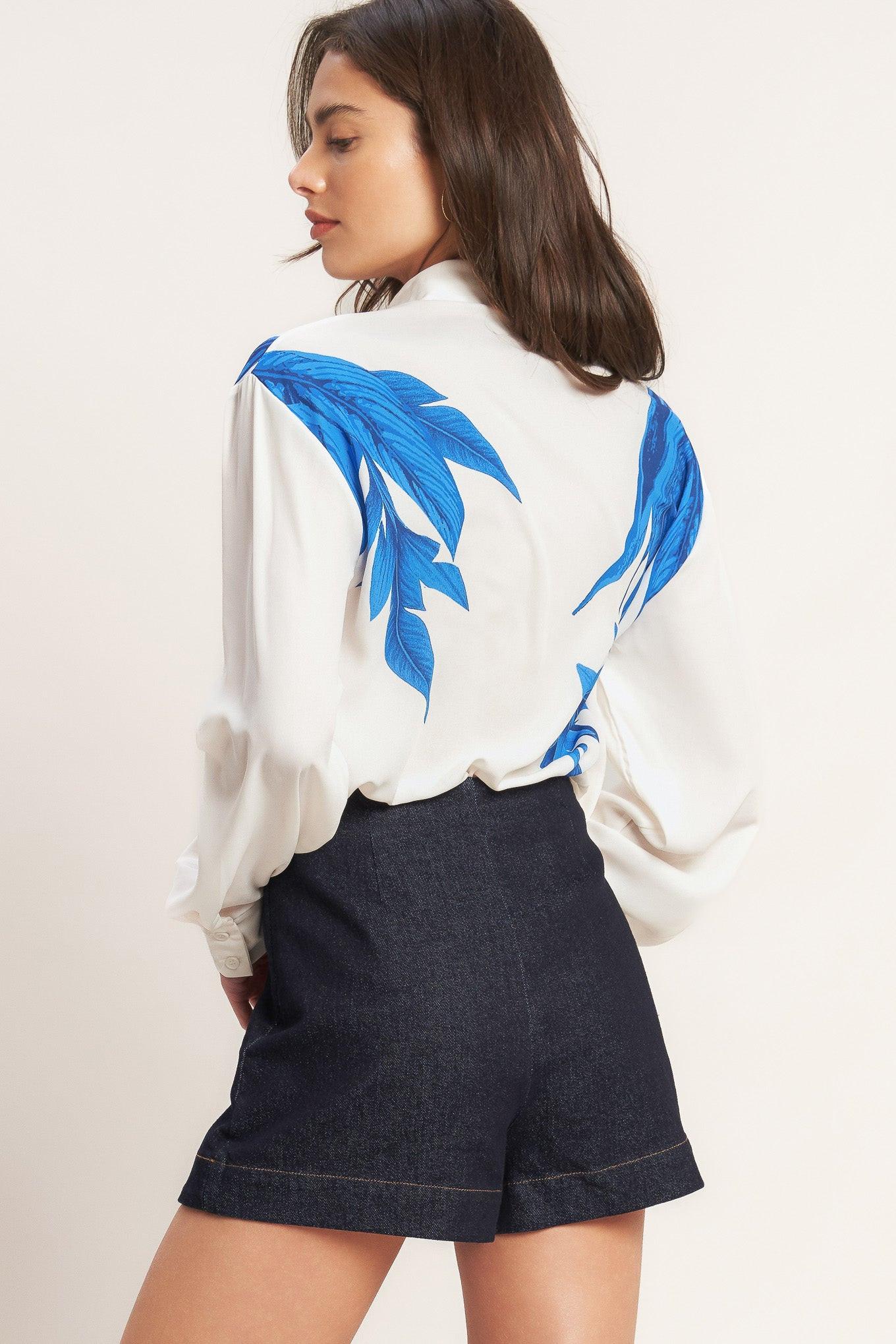 Asymmetrical Botanical Woven Shirt in off-white, view 7 — Soul Flow Apparel