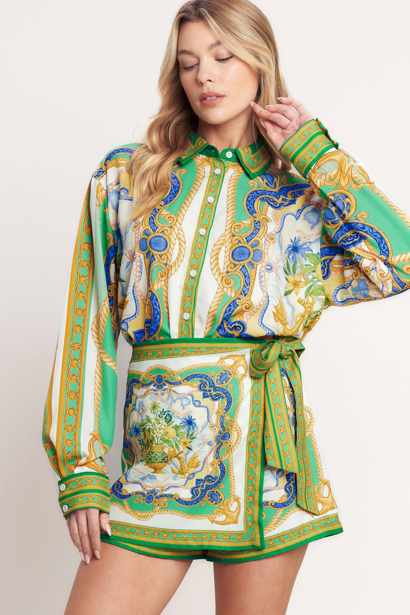Vintage Heiress Woven Top in off-white green, view 1 — Soul Flow Apparel