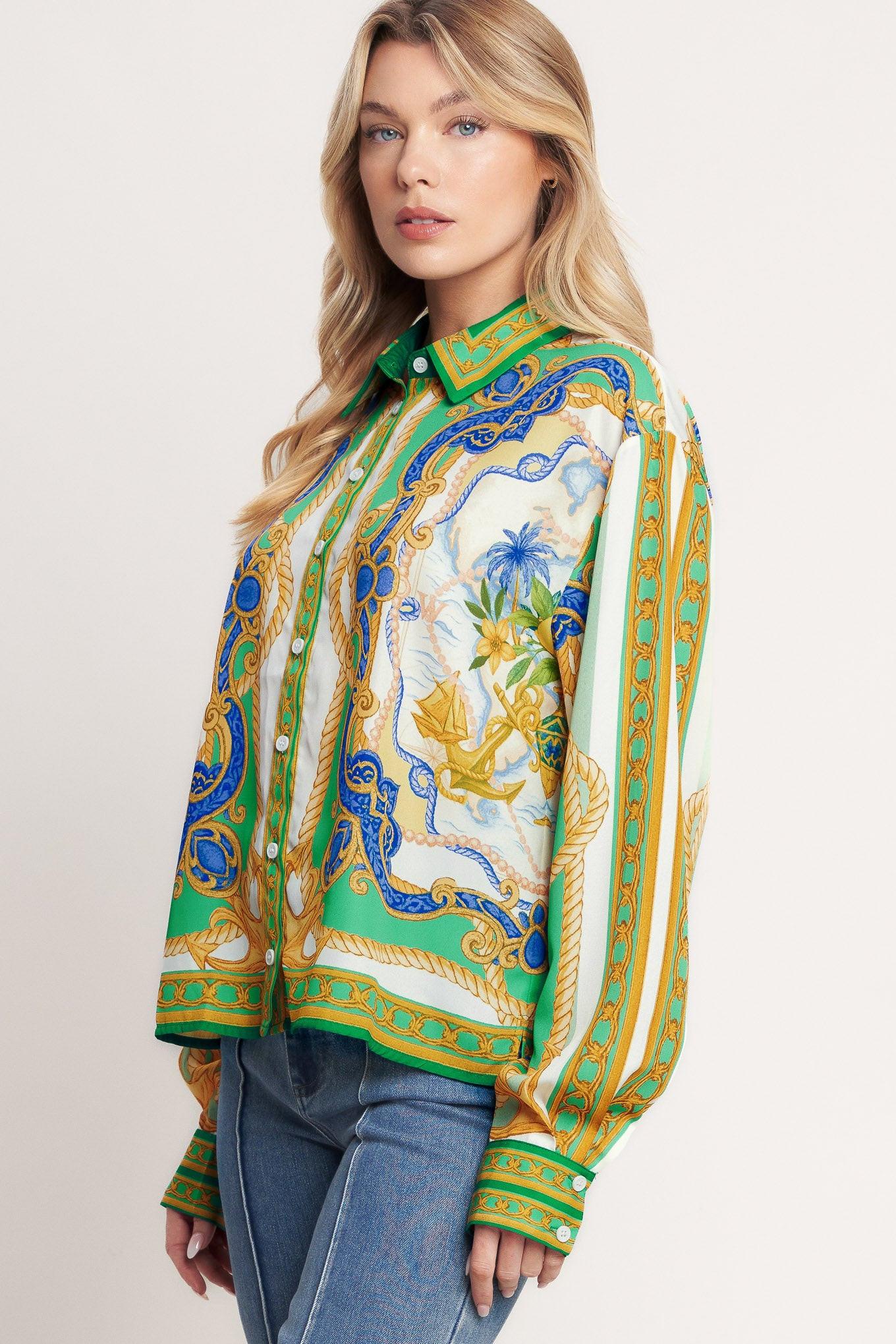 Vintage Heiress Woven Top in off-white green, view 2 — Soul Flow Apparel
