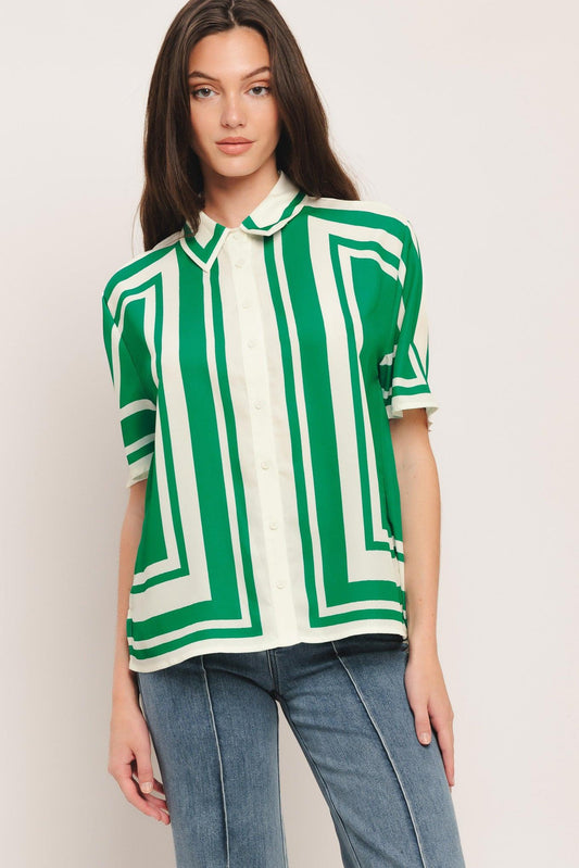 Riviera Stripe Woven Top in ivory green, view 1 — Soul Flow Apparel