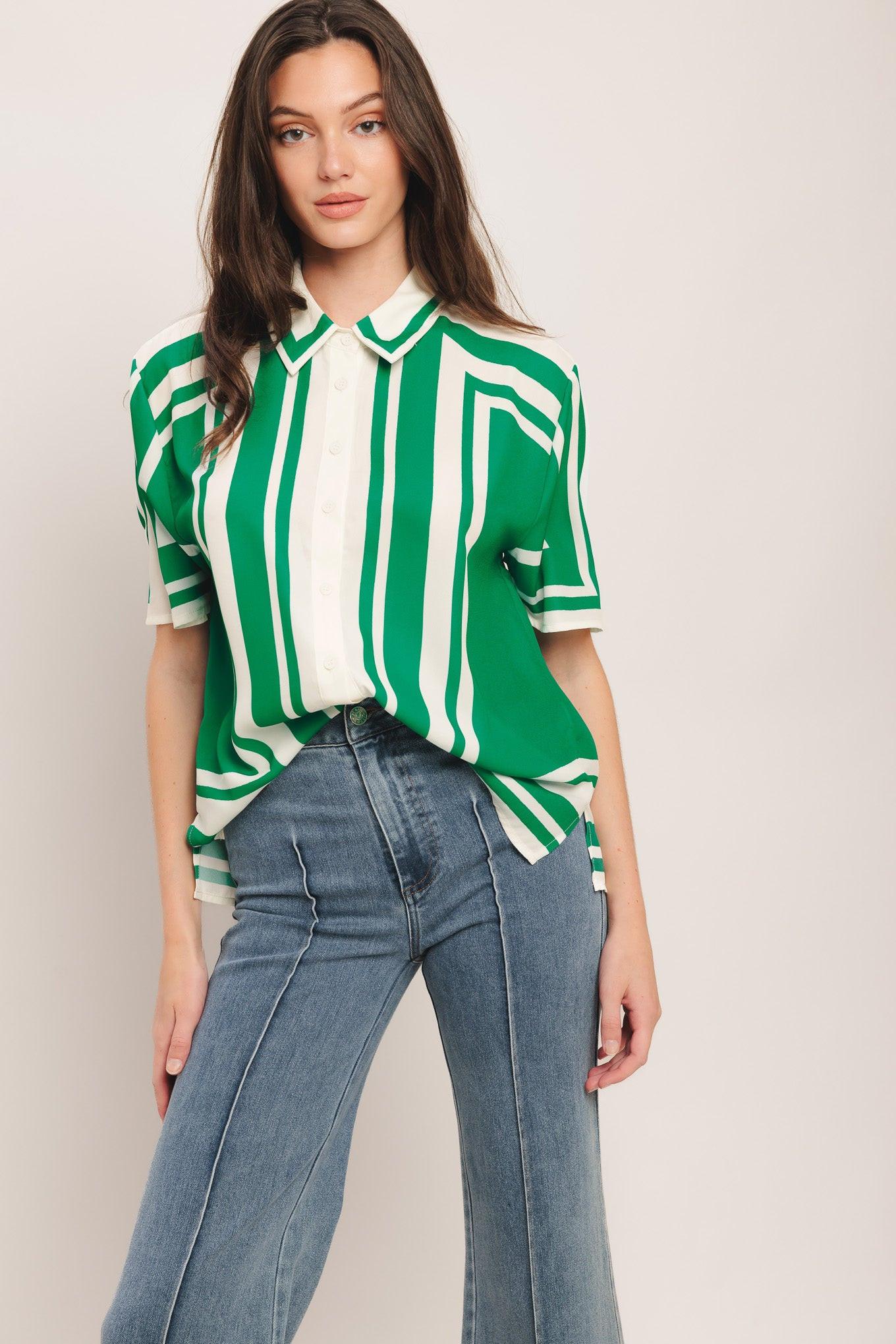 Riviera Stripe Woven Top in ivory green, view 3 — Soul Flow Apparel