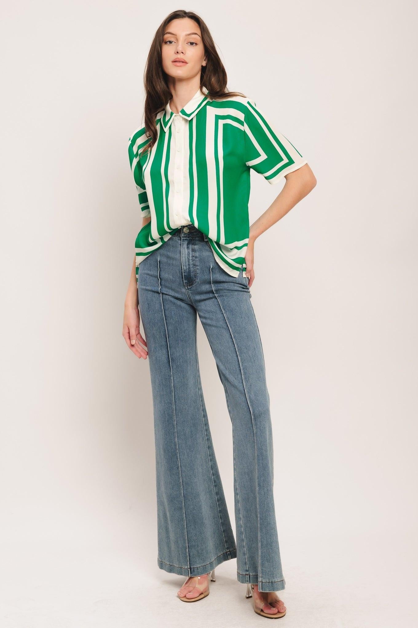 Riviera Stripe Woven Top in ivory green, view 4 — Soul Flow Apparel