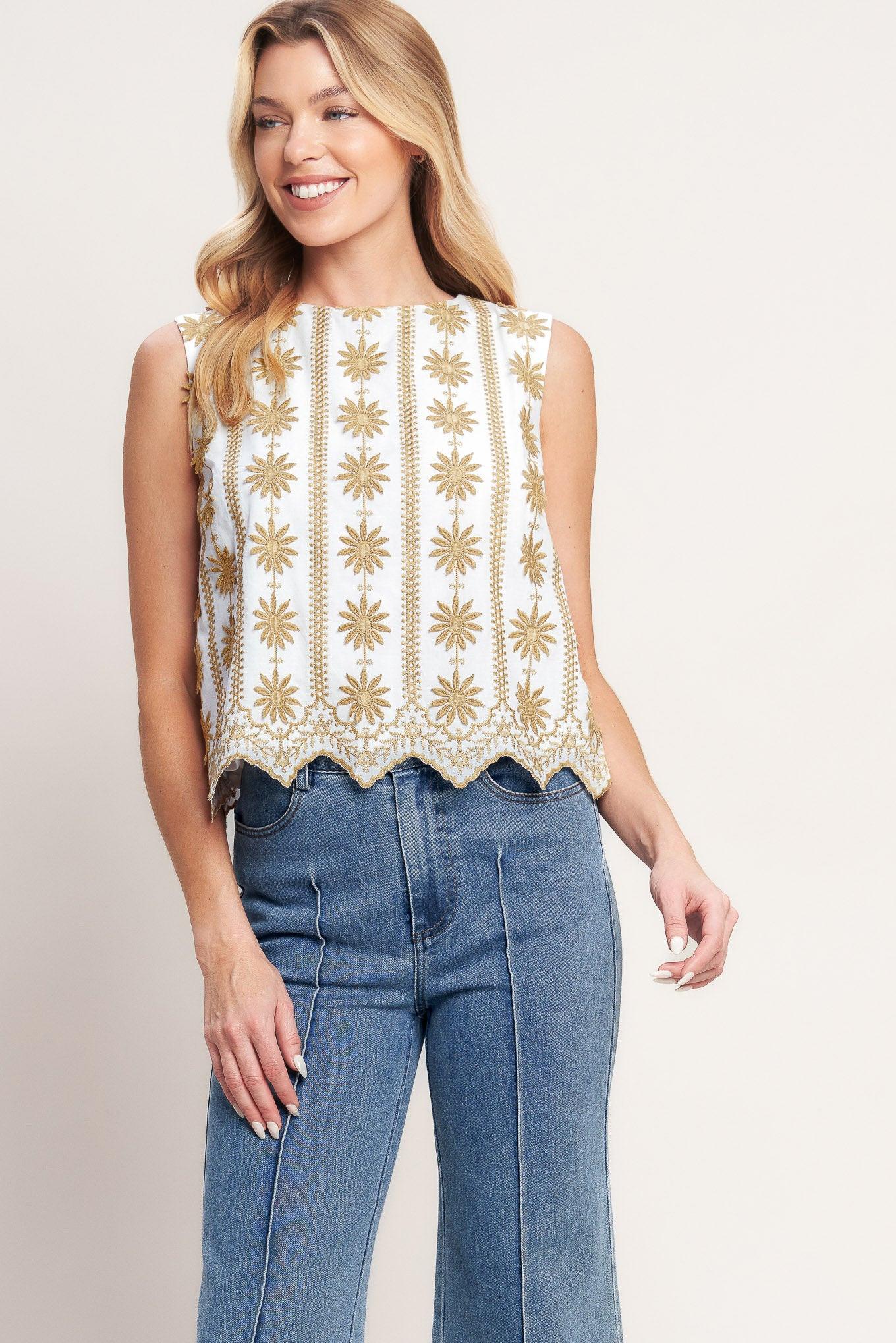 Sun-Kissed Woven Embroidered Top in off-white beige, view 1 — Soul Flow Apparel