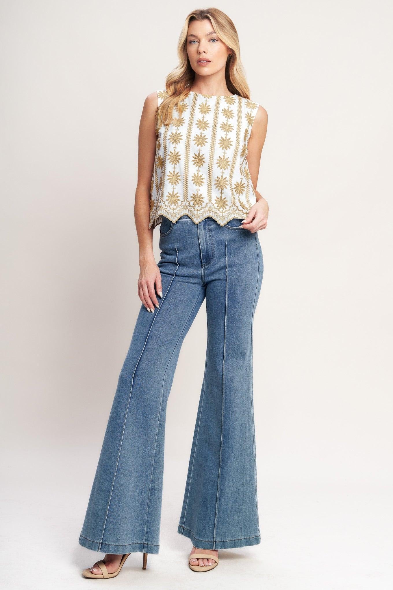 Sun-Kissed Woven Embroidered Top in off-white beige, view 2 — Soul Flow Apparel