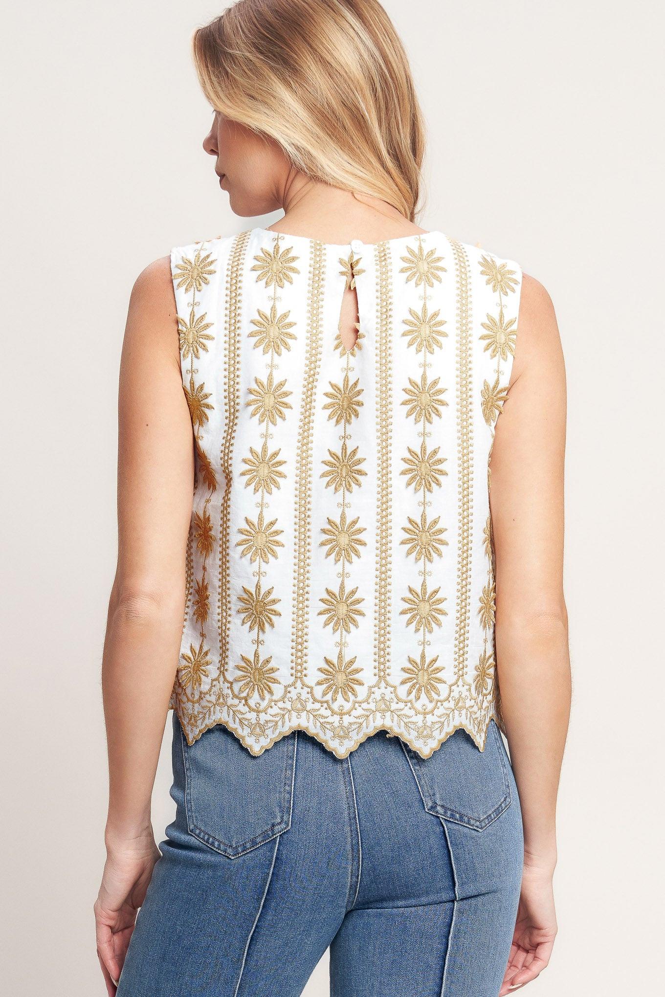 Sun-Kissed Woven Embroidered Top in off-white beige, view 4 — Soul Flow Apparel