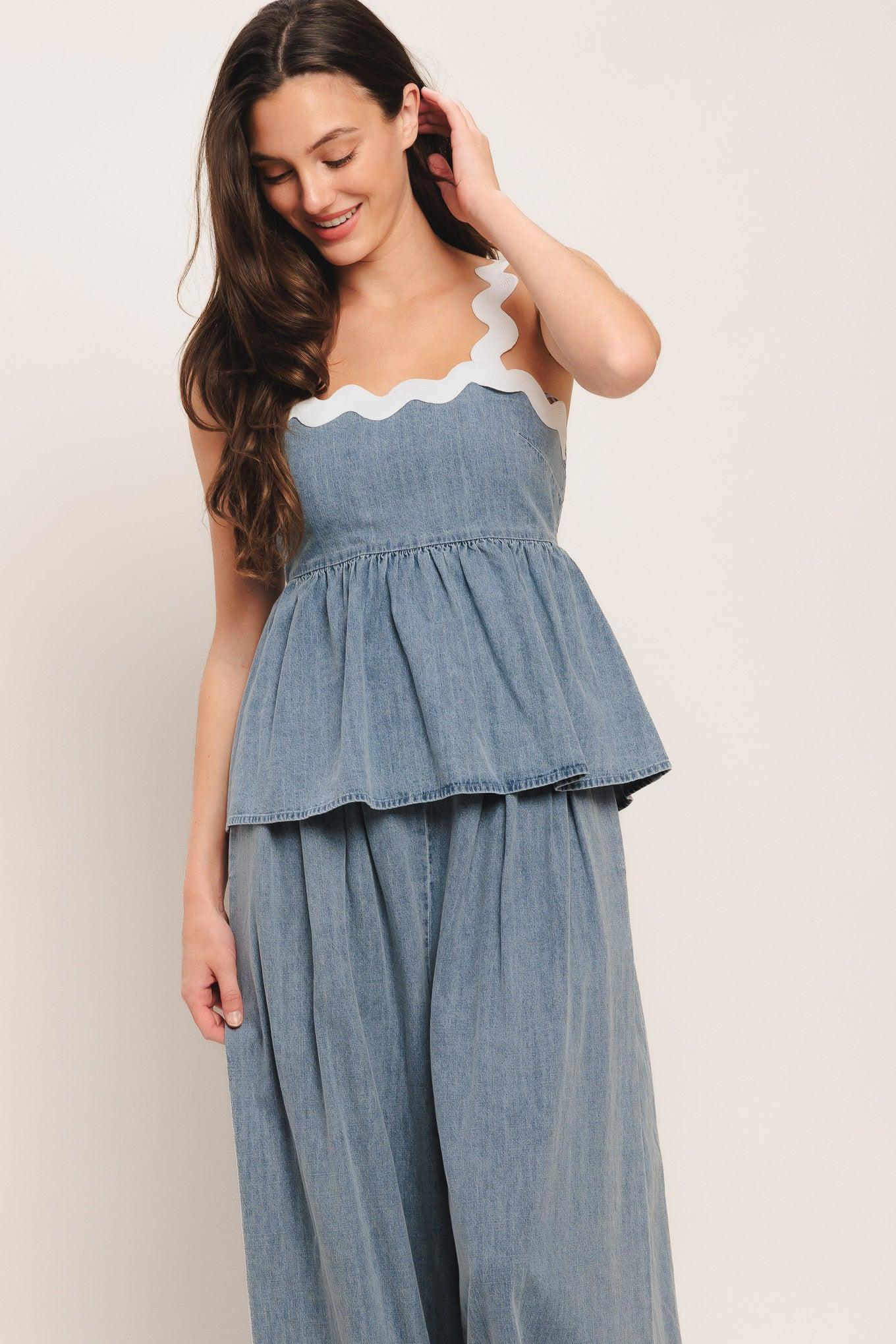 Relaxed Drape Lightweight Denim Top in light indigo, view 4 — Soul Flow Apparel