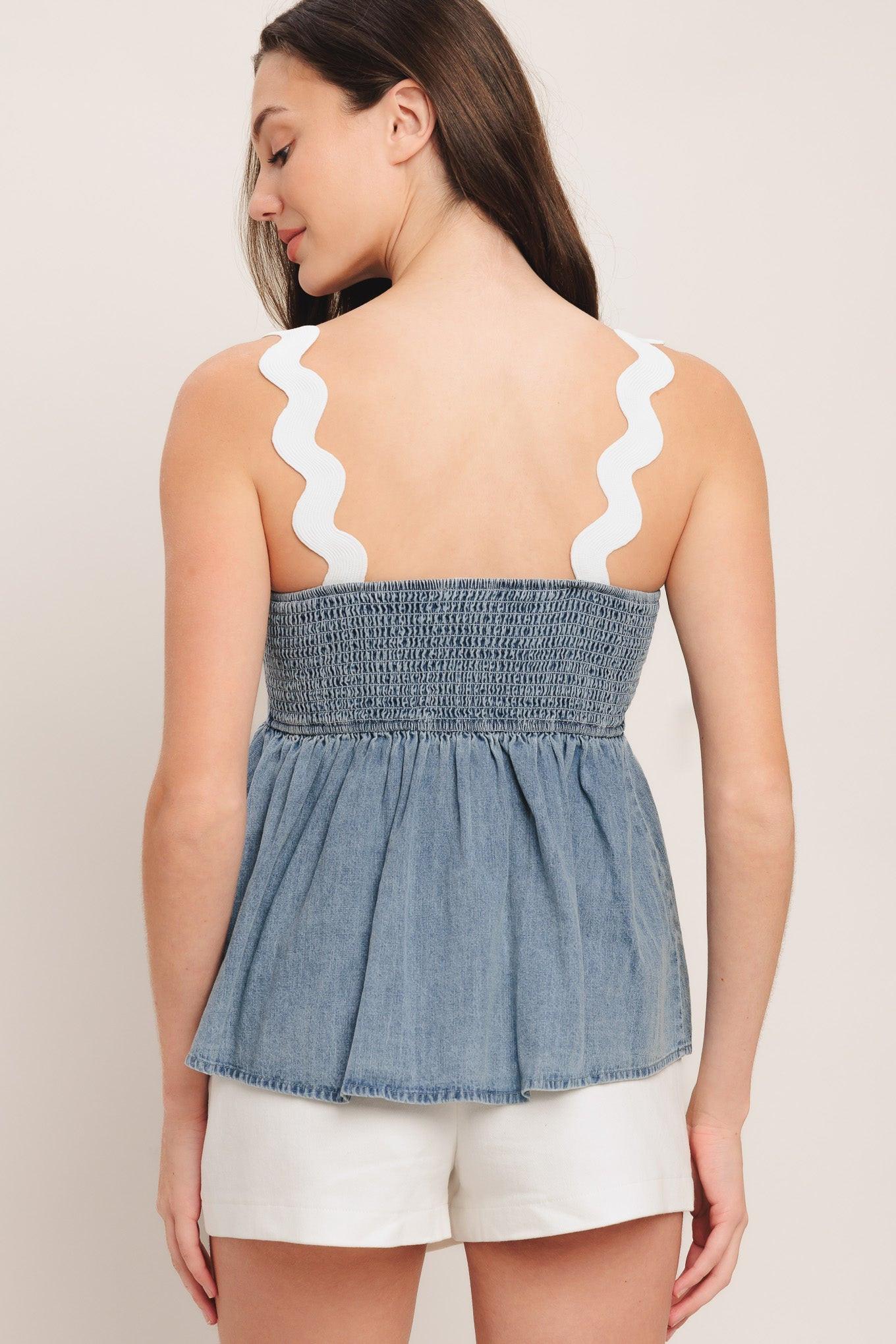 Relaxed Drape Lightweight Denim Top in light indigo, view 7 — Soul Flow Apparel