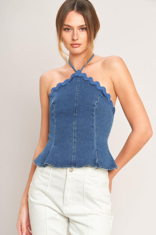 Sunny Day Denim Top in medium indigo, view 6 — Soul Flow Apparel