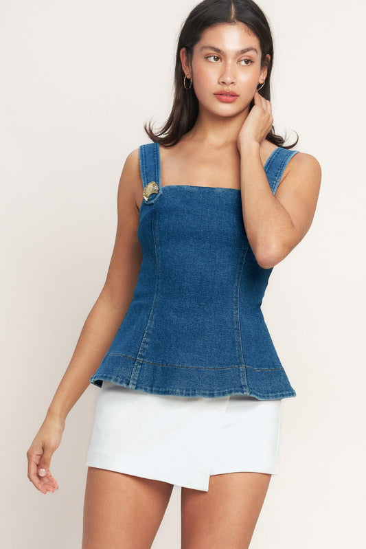 Sweet Denim Peplum Top in medium indigo, view 2 — Soul Flow Apparel