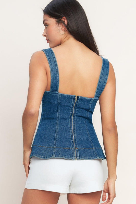 Sweet Denim Peplum Top in medium indigo, view 3 — Soul Flow Apparel
