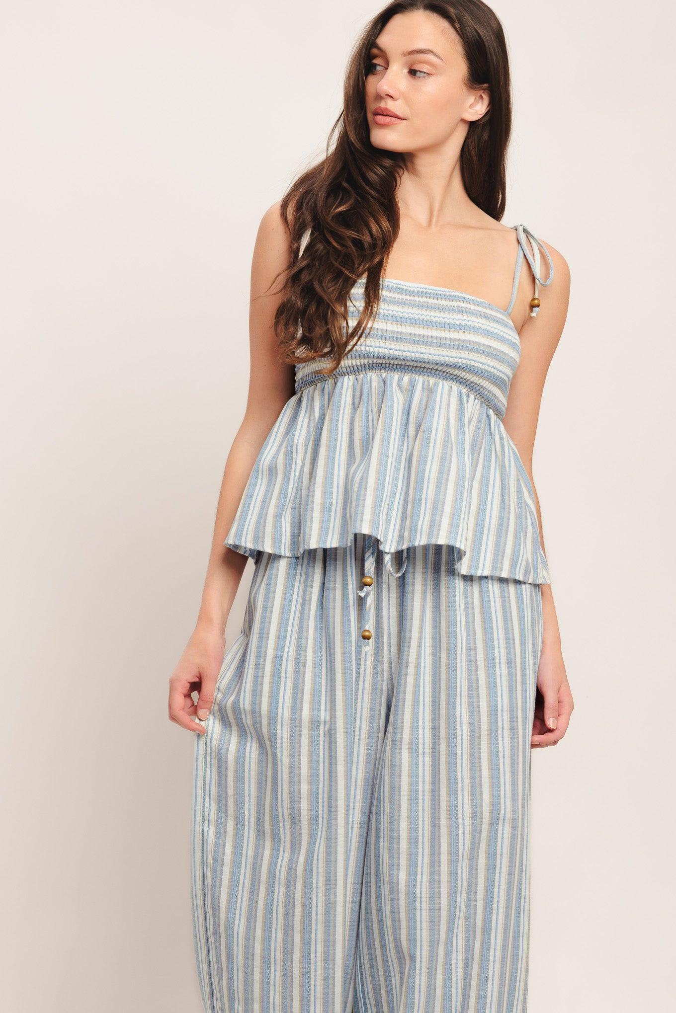 Coastal Day Strip Woven Top in ivory blue, view 1 — Soul Flow Apparel