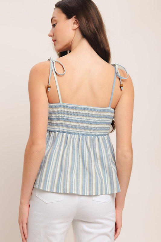 Coastal Day Strip Woven Top in ivory blue, view 7 — Soul Flow Apparel