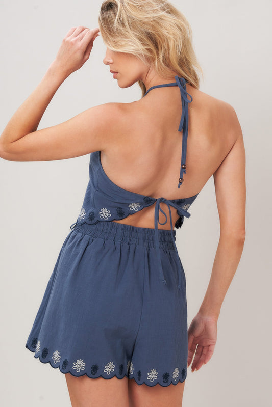 Moonlit Flora Woven Scarf Top And Short Set in slate blue, view 4 — Soul Flow Apparel