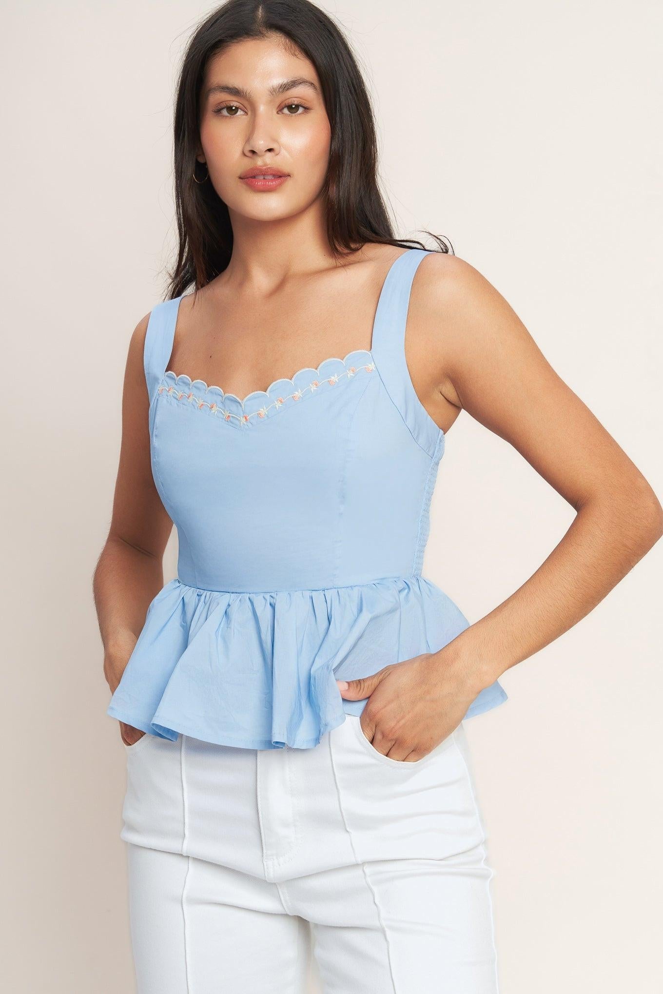 You’re Going to Love Woven Top in light blue, view 2 — Soul Flow Apparel