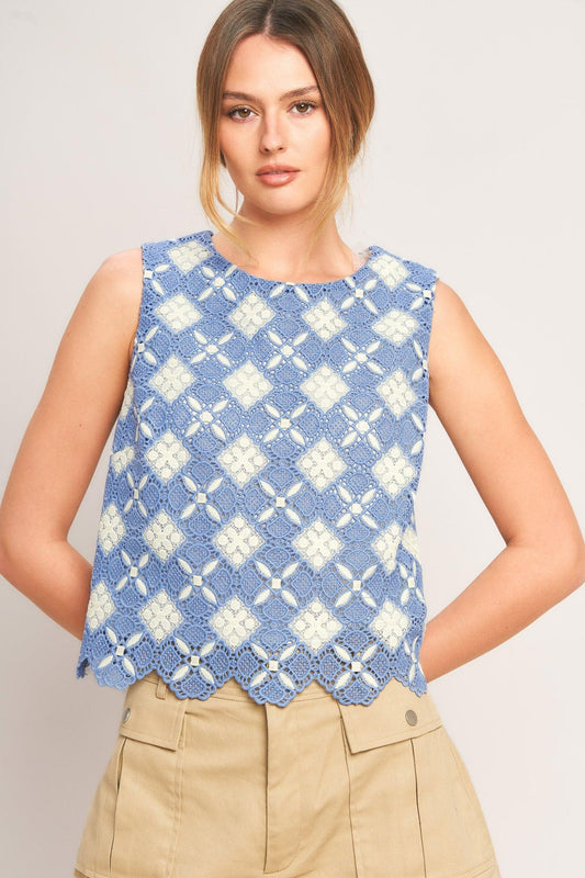Coastal Woven Lace Top in blue, view 1 — Soul Flow Apparel