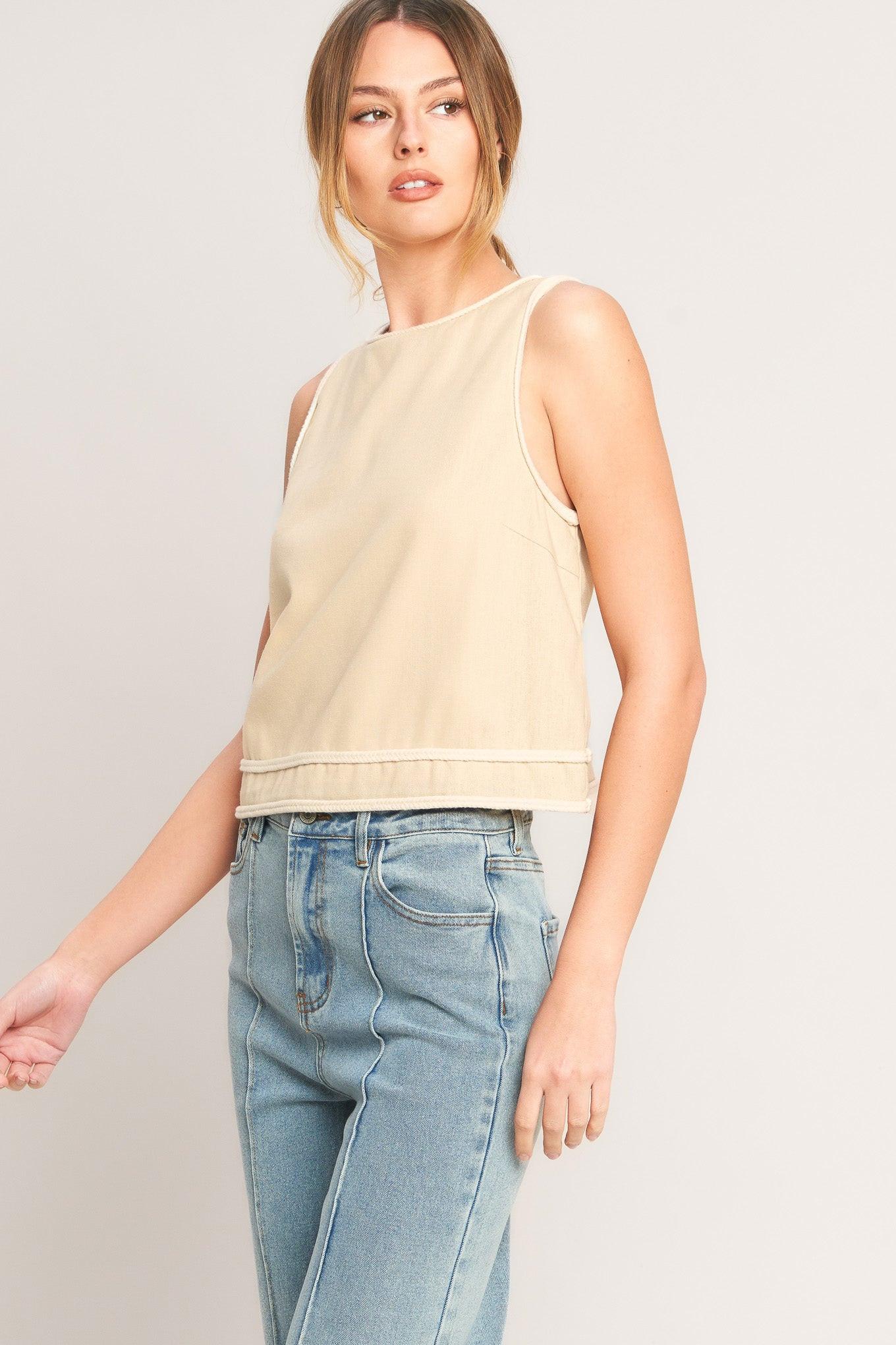 Elevated Essential Woven Top in beige, view 2 — Soul Flow Apparel
