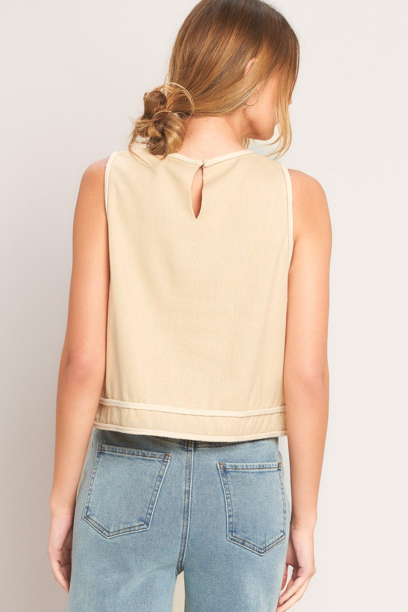 Elevated Essential Woven Top in beige, view 3 — Soul Flow Apparel