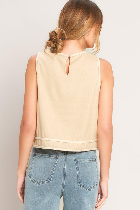Elevated Essential Woven Top in beige, view 3 — Soul Flow Apparel