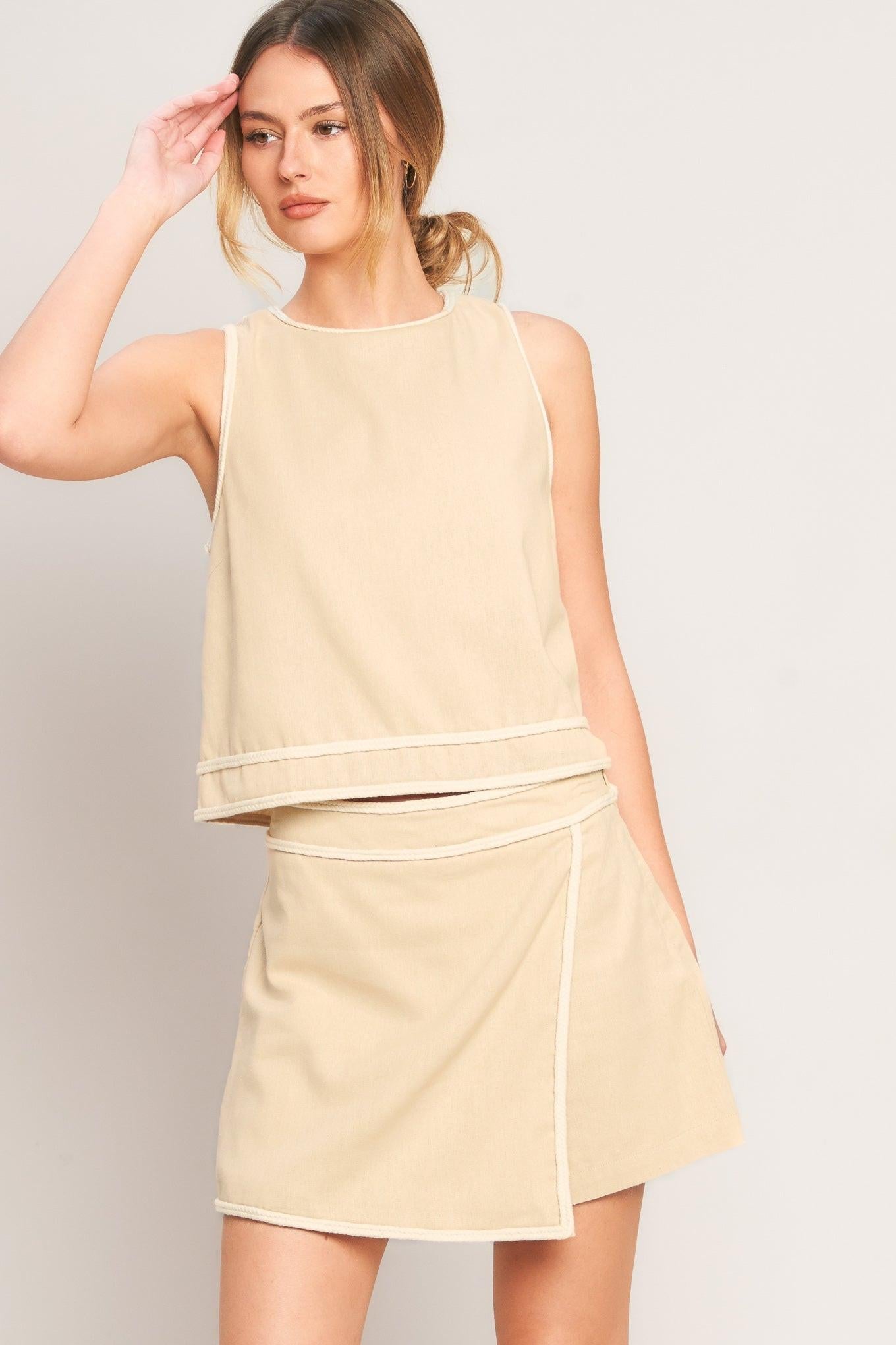 Elevated Essential Woven Top in beige, view 4 — Soul Flow Apparel