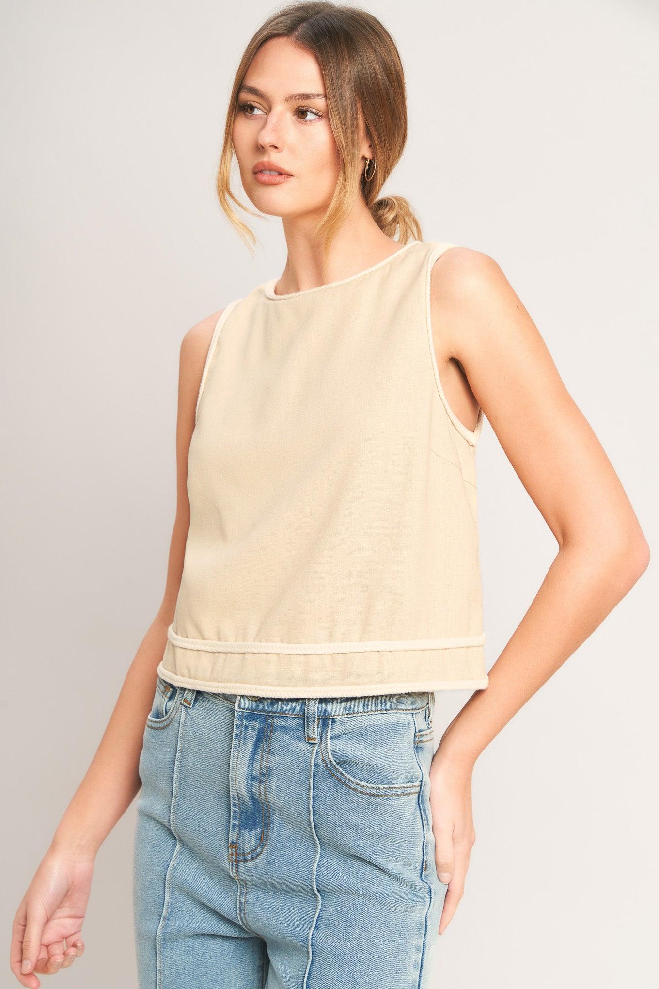 Elevated Essential Woven Top in beige, view 5 — Soul Flow Apparel