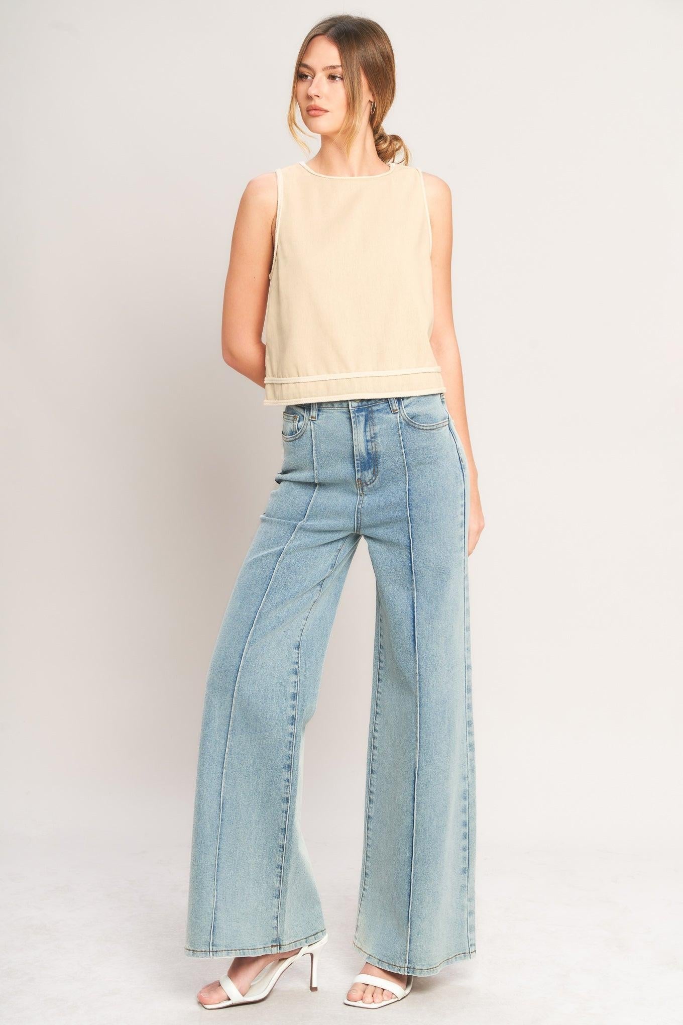 Elevated Essential Woven Top in beige, view 6 — Soul Flow Apparel