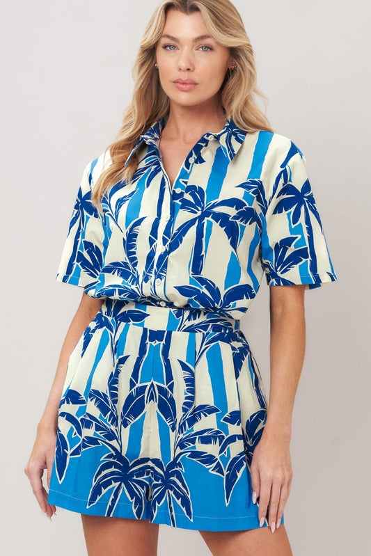 Noir Resort Woven Top in blue, view 1 — Soul Flow Apparel