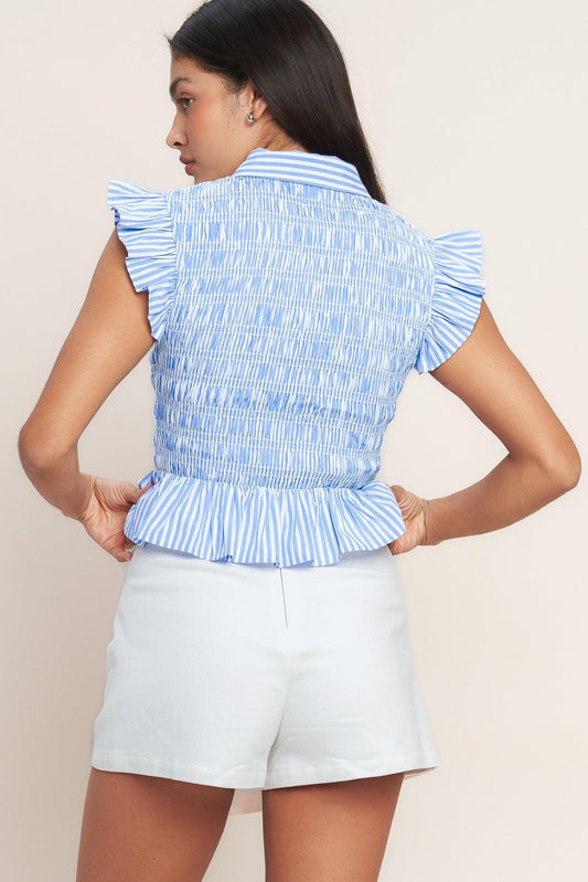 Effortlessly Sweet Striped Woven Top in blue ivory, view 3 — Soul Flow Apparel