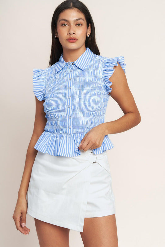 Effortlessly Sweet Striped Woven Top in blue ivory, view 4 — Soul Flow Apparel