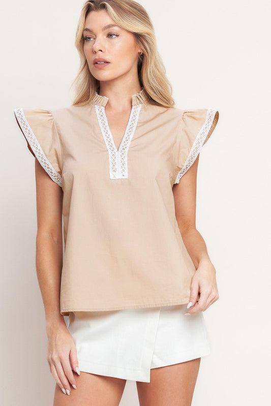 Easy to Admire Woven Top in taupe, view 1 — Soul Flow Apparel