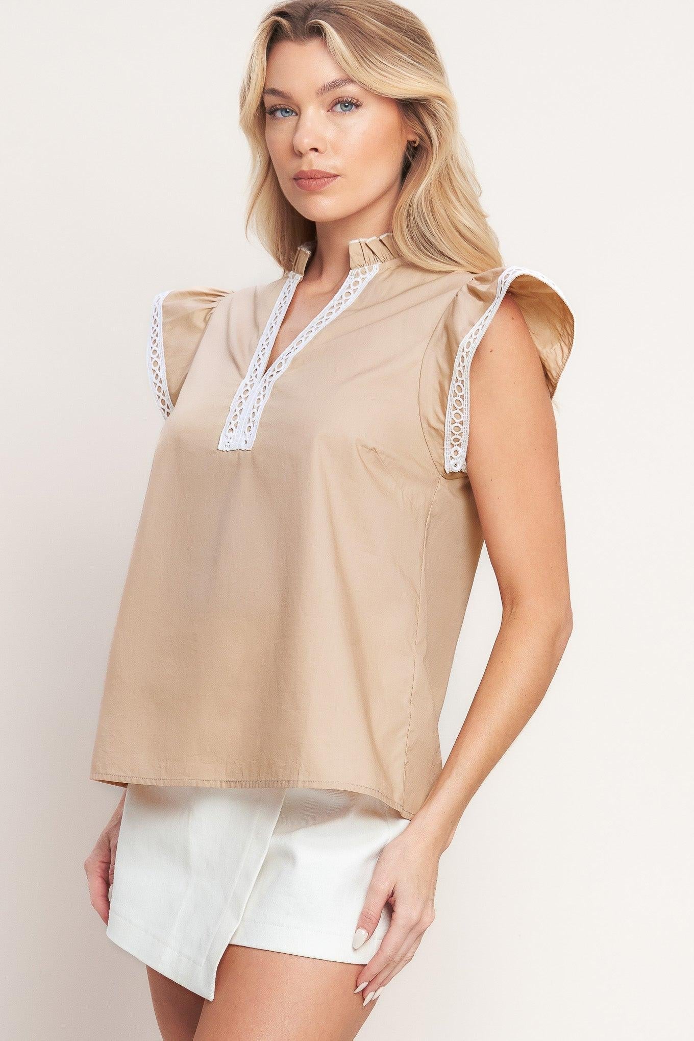Easy to Admire Woven Top in taupe, view 2 — Soul Flow Apparel