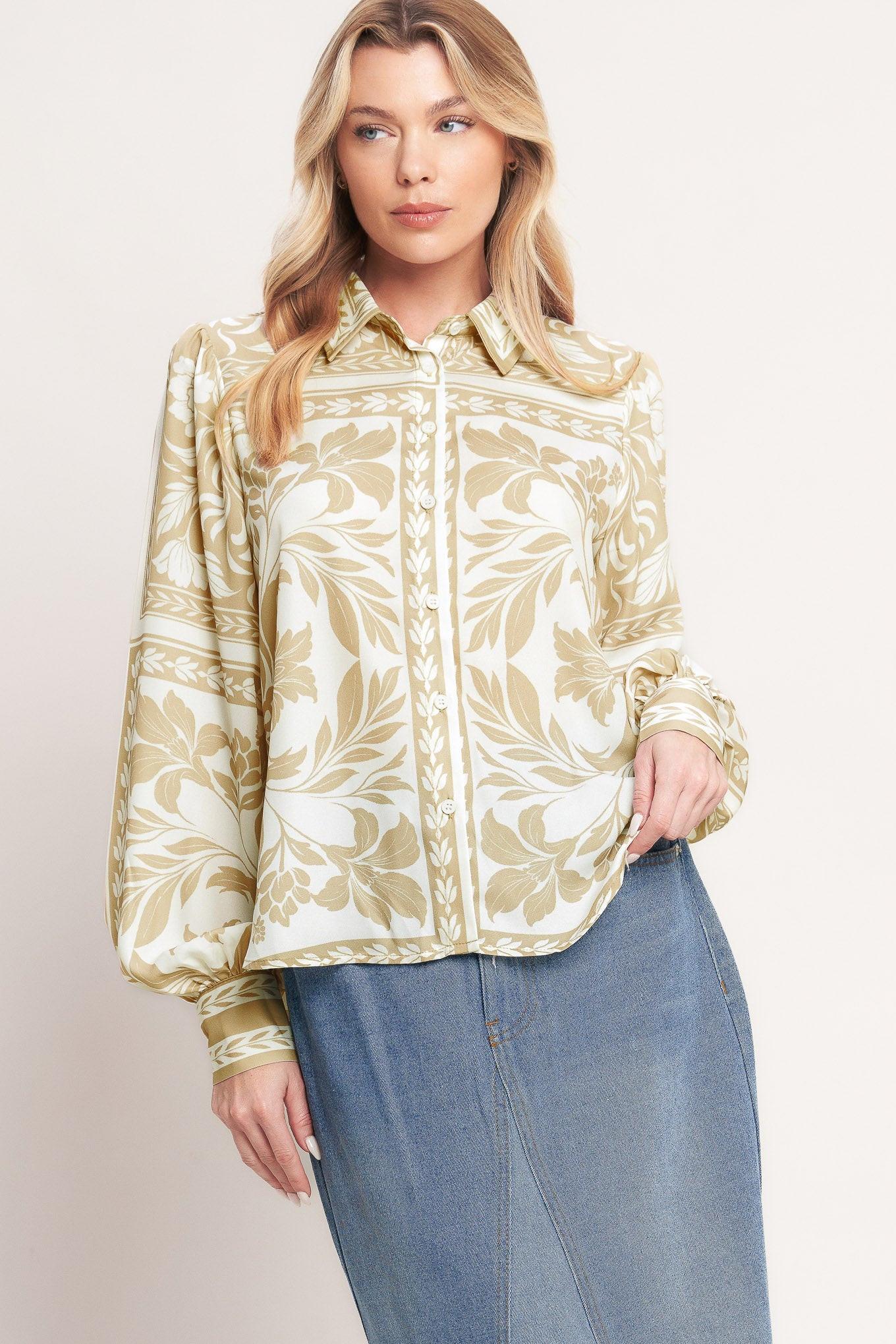 Palm Bazaar Woven Top in taupe ivory, view 1 — Soul Flow Apparel