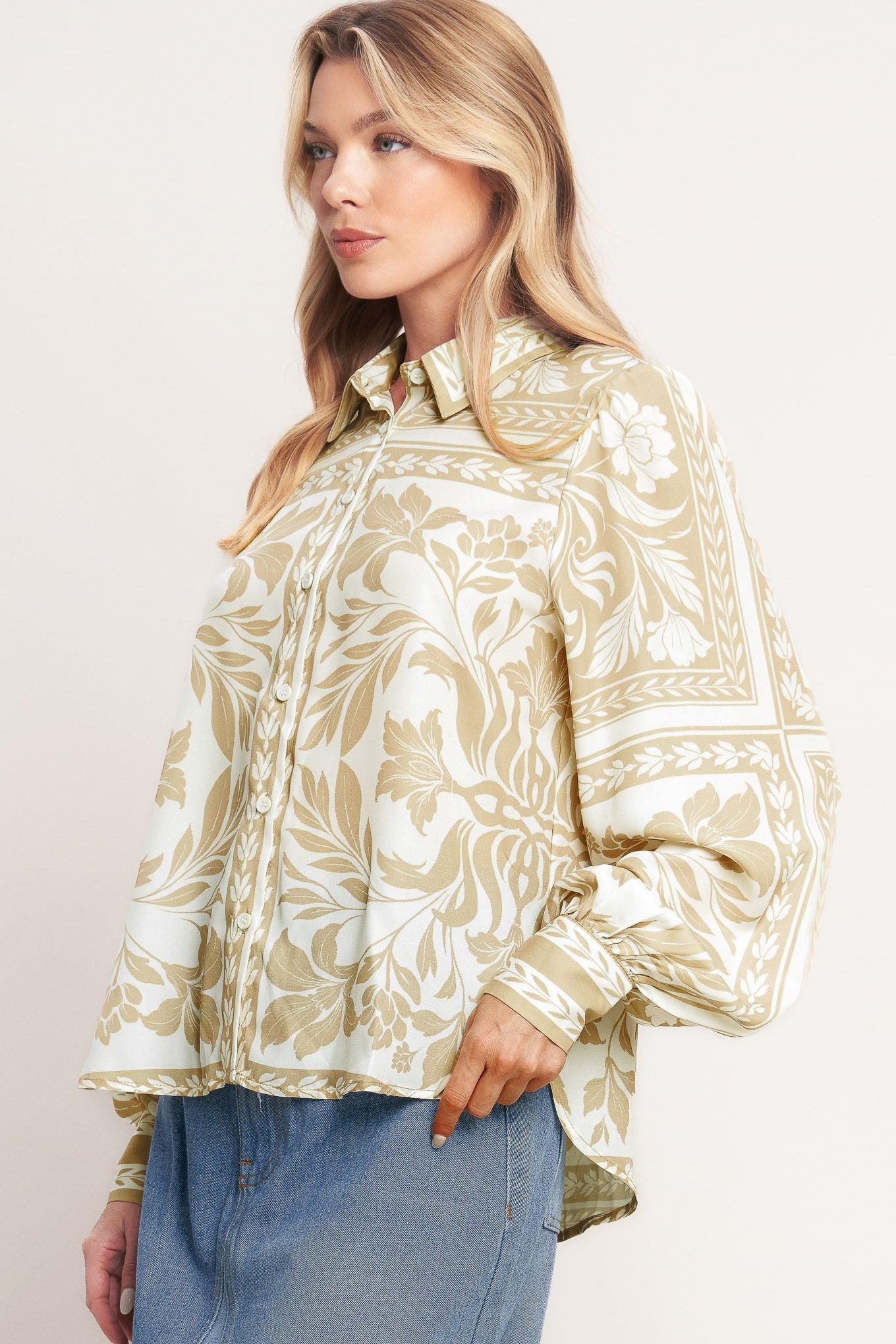 Palm Bazaar Woven Top in taupe ivory, view 2 — Soul Flow Apparel