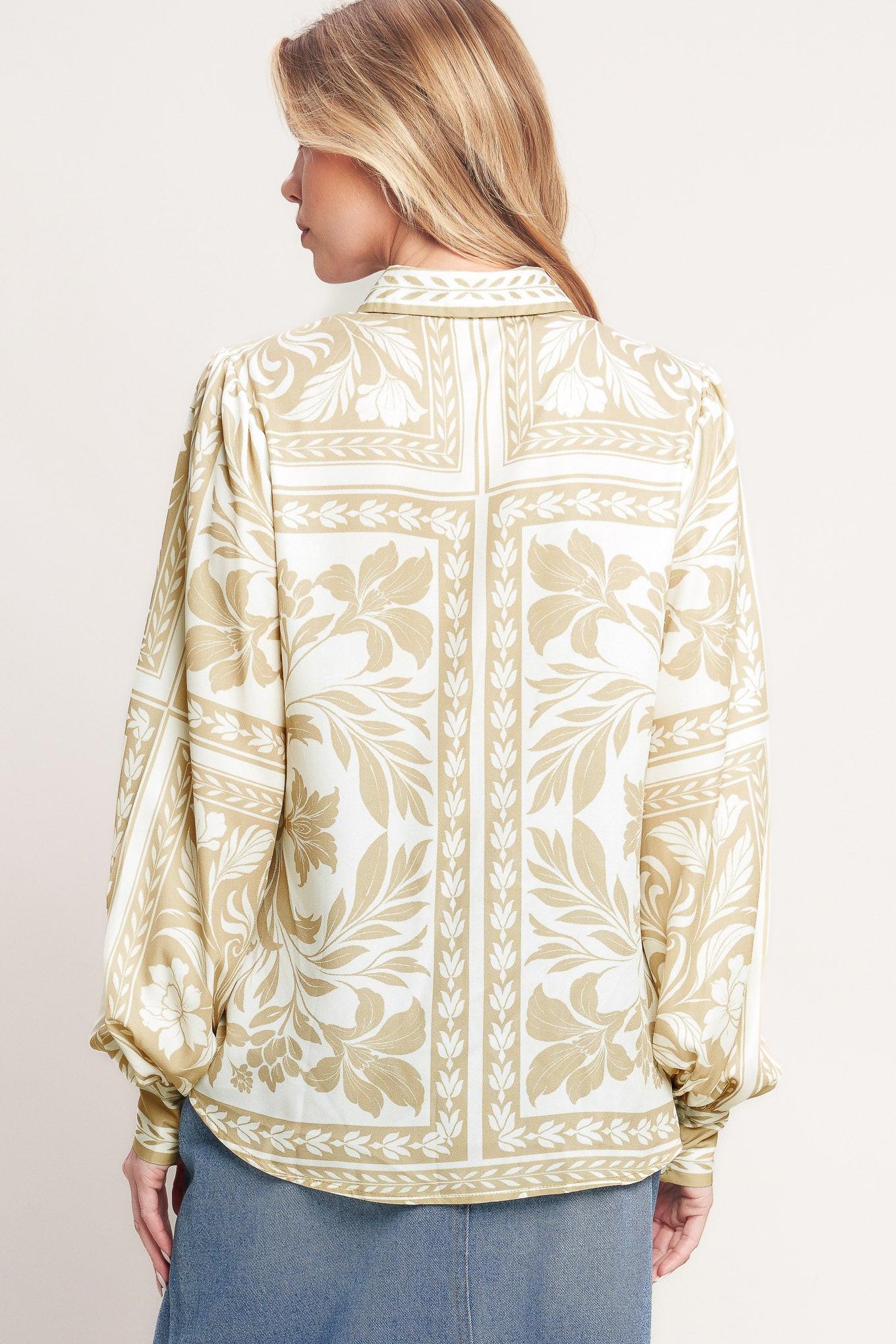 Palm Bazaar Woven Top in taupe ivory, view 3 — Soul Flow Apparel